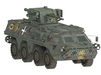 Military Armored Tank With Camouflage Paint And Top Mounted Weapons Multi Wheel Design Cross Insignia 3d model
