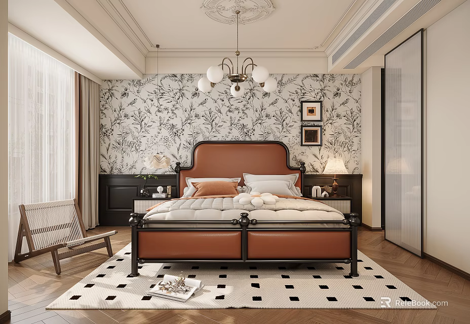 Elegant Bedroom Interior With Leather Bed Floral Wallpaper Chandelier Checkered Rug And Wicker Chair 3d model 