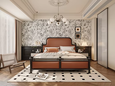 Elegant Bedroom Interior With Leather Bed Floral Wallpaper Chandelier Checkered Rug And Wicker Chair 3d model