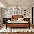 Elegant Bedroom Interior With Leather Bed Floral Wallpaper Chandelier Checkered Rug And Wicker Chair