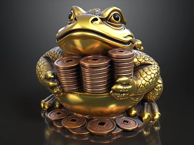 Golden Toad Decorative Ornament Set With Stacked And Scattered Copper Coins 3d model