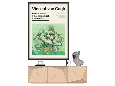 Vincent van Gogh Flower Painting Poster With Pug Figurine On Cabinet 3d model