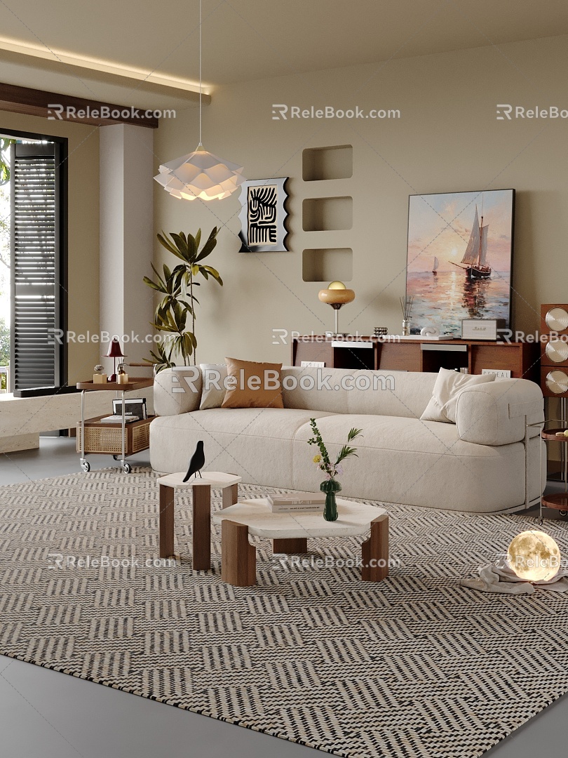 Middle Cream Living Room Sofa Coffee Table Combination 3d model