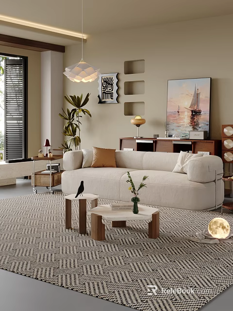 Modern Bedroom Interior Featuring Beige Sofa Wooden Coffee Tables Potted Plant Floor Lamp And Rug 3d model 
