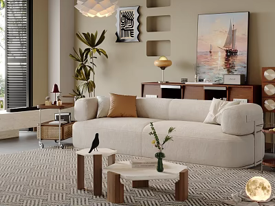 Modern Bedroom Interior Featuring Beige Sofa Wooden Coffee Tables Potted Plant Floor Lamp And Rug 3d model