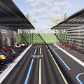 Outdoor Canopy Structure for Bicycle Scooter Parking with Colored Lines and Green Plants
