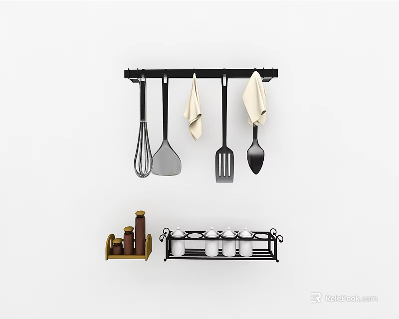 Kitchen Utensils Hanging On Black Rack With White Towels Spice Bottles And Cup Holder 3d model 