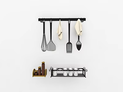 Kitchen Utensils Hanging On Black Rack With White Towels Spice Bottles And Cup Holder 3d model