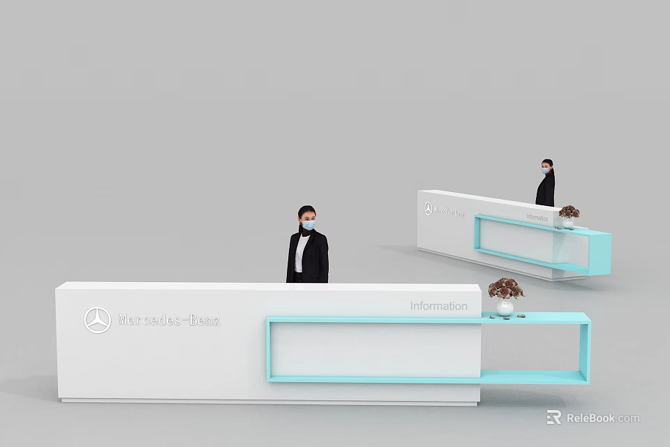 Mercedes Benz Reception Desk With White And Light Blue Design Information Sign And Staff 3d model 