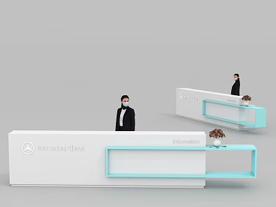 Mercedes Benz Reception Desk With White And Light Blue Design Information Sign And Staff 3d model