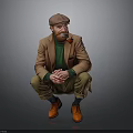 Man with Red Beard in Brown Coat and Green Sweater Squatting with Pipe on Gray Background