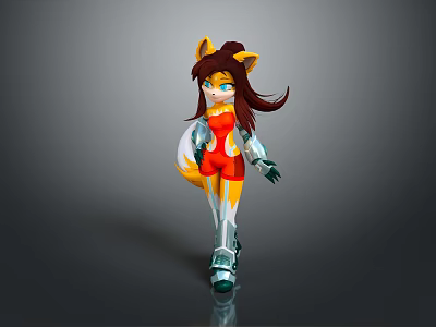 Animated Game Movie Character With Fox Ears Tail Long Brown Hair Blue Eyes Red Outfit 3d model