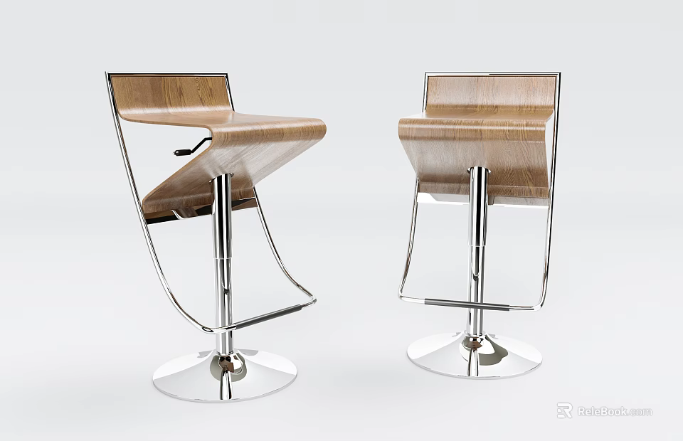 Modern Wooden Bar Stools With Metal Frame And Round Chrome Base Set Of Two 3d model 