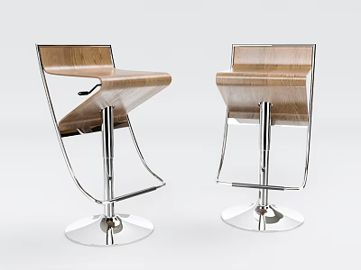 Modern Wooden Bar Stools With Metal Frame And Round Chrome Base Set Of Two 3d model