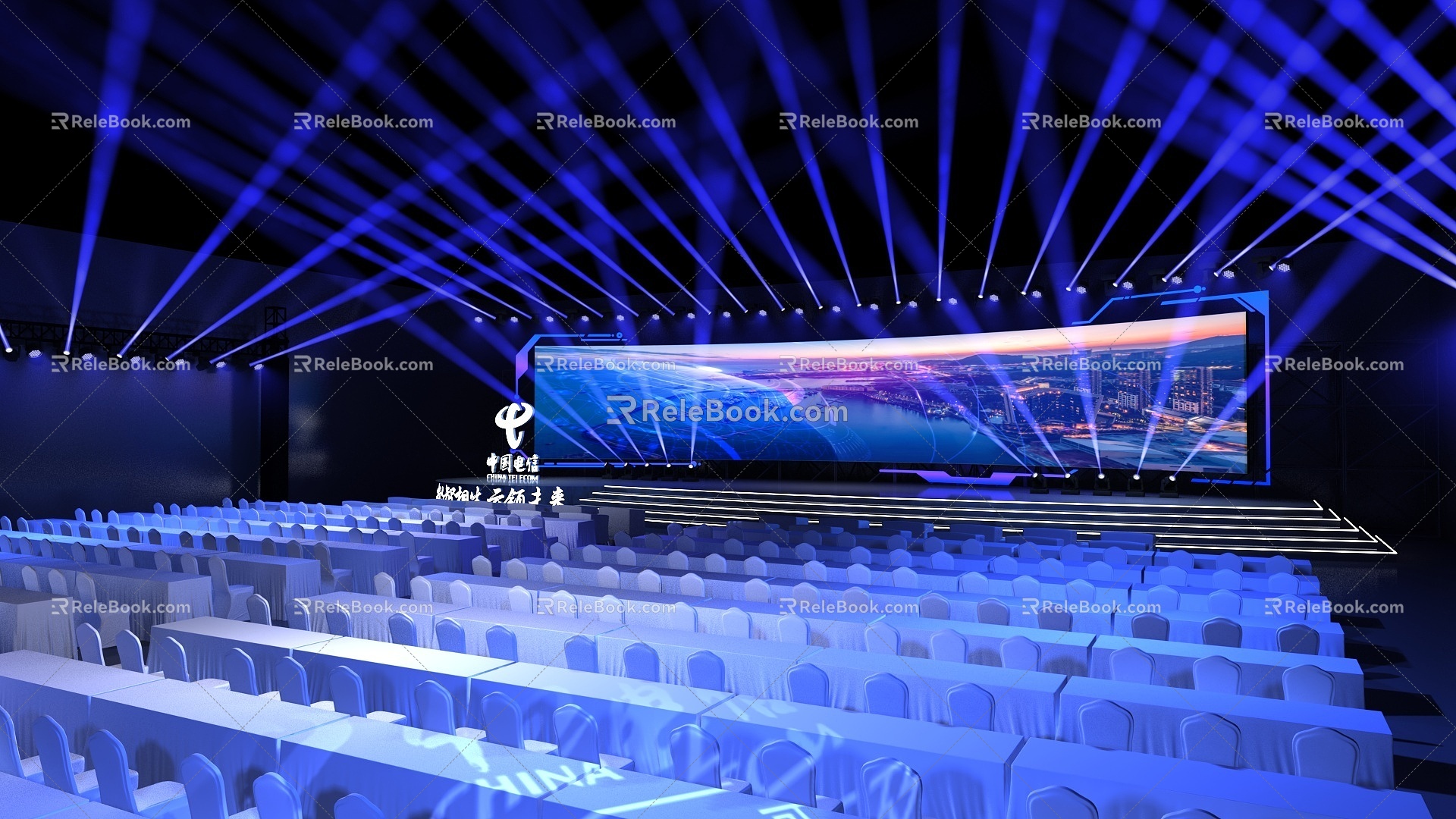 Stage Lighting Telecom Dazzling Atmosphere Audience Banquet Chair Long Table 3d model