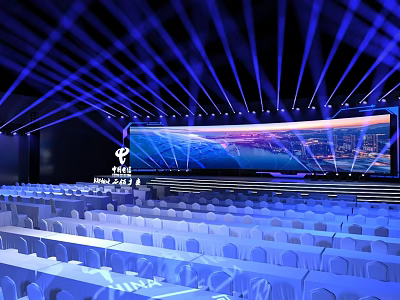Spacious UNESCO Auditorium With Large Screen Blue Lighting And Rows Of Seats 3d model
