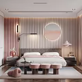 Elegant Modern Bedroom Interior With Striped Wall Panel Circular Art And Pink Stools