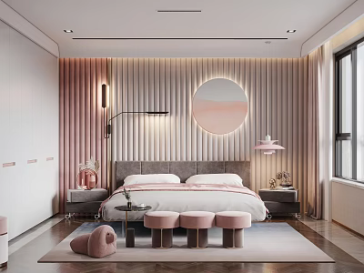 Elegant Modern Bedroom Interior With Striped Wall Panel Circular Art And Pink Stools 3d model