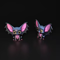 Pair of Cute Bat Characters With Large Pink Ears Sitting On Dark Background With Reflections