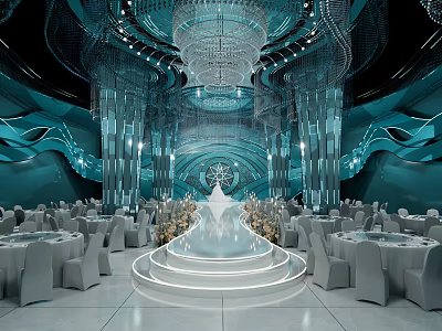 Luxurious Banquet Hall With Crystal Chandelier Blue Wavy Backdrop White Tables Chairs And Central Stage 3d model