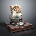 Decorative Flight Animal Owl Figurine With Colorful Feathers On Wooden Base