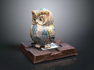 Decorative Flight Animal Owl Figurine With Colorful Feathers On Wooden Base 3d model