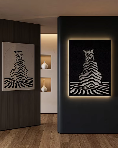 Modern Entryway Hallway With Zebra Paintings Wooden Walls Backlit Art And Shelves With White Vases 3d model