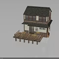 Traditional Two story House Featuring Black Tile Roof Wooden Deck and White Walls