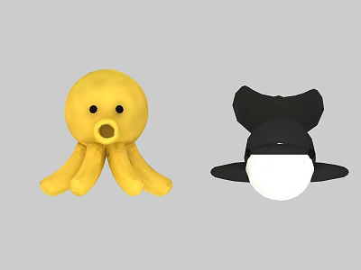 Adorable Stuffed Dolls Featuring Yellow Octopus and Black Hat White Ball Designs 3d model