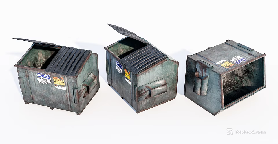 Old Green Public Trash Bins with Open Lids and Worn Surface Labels 3d model