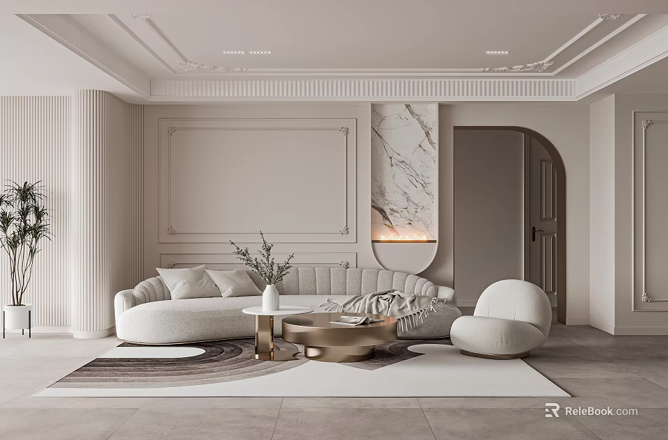 Modern Elegant Living Room With Beige Sofa Round White Armchair And Gold Coffee Table 3d model 
