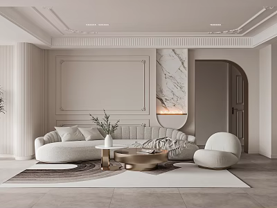 Modern Elegant Living Room With Beige Sofa Round White Armchair And Gold Coffee Table 3d model