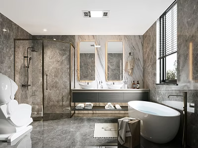 Elegant Modern Bathroom Interior With Marble Counter Double Sink Bathtub And Shower 3d model