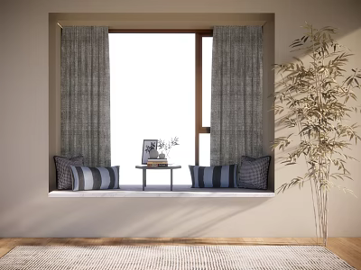 Bay Window Interior With Curtains Cushions Small Table and Plant 3d model
