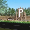 Rural Farm Parking Lot With Blue Car Hay Bales Trees And Flowers