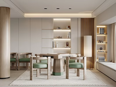 Modern Hotel Mahjong Room Interior With Wooden Table Green Chairs Bookshelves And Carpet 3d model