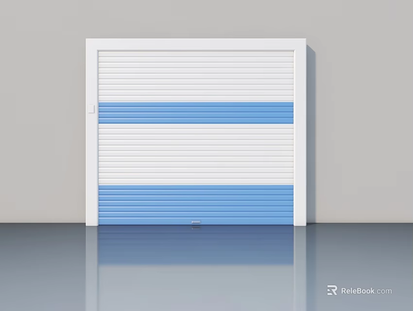 Modern Style Swing Door With White Frame And Blue Horizontal Stripe Panel 3d model 