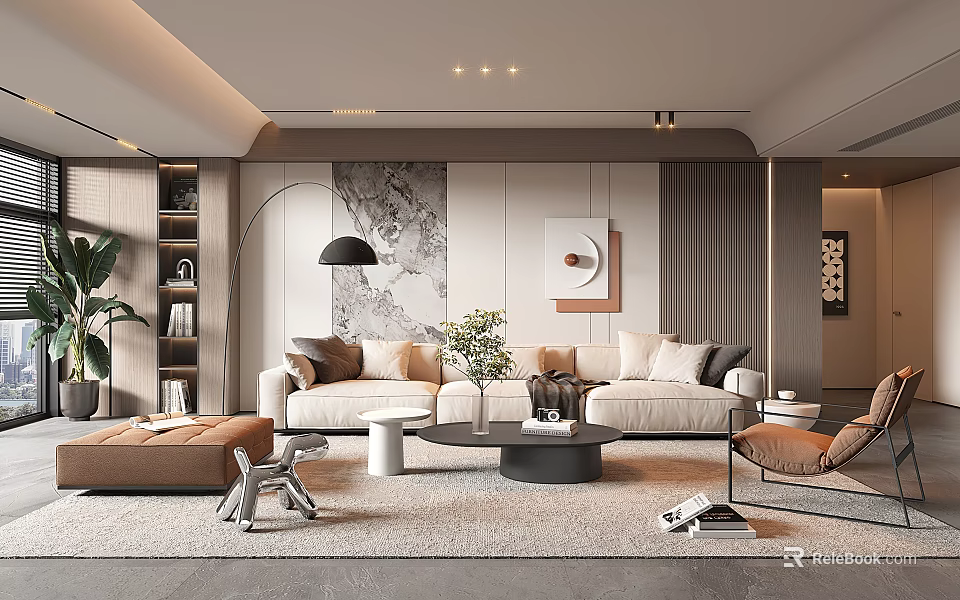 Modern Living Room Interior With Beige Sofa Floor Lamp Wall Art And Area Rug 3d model 