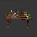 Stylish Wooden Outdoor Table With Shelf Bottles Green Decorations Bowl And Books