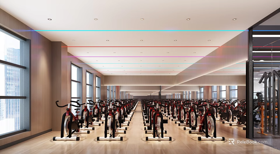 Modern Gym Workout Space With Rows Of Spin Bikes Large Windows And Bright Interior 3d model 