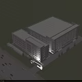 Modern Gray Office Building With Large Windows Arch Gate And Open Parking Area 3d model