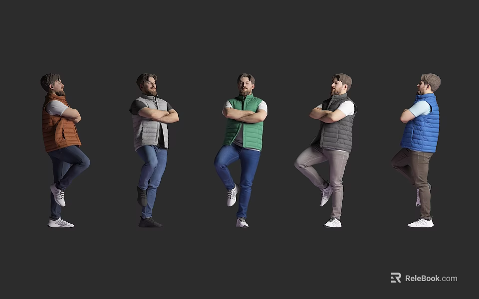 Men in Different Vests Standing with Arms Crossed and One Leg Lifted on Gray Background 3d model 