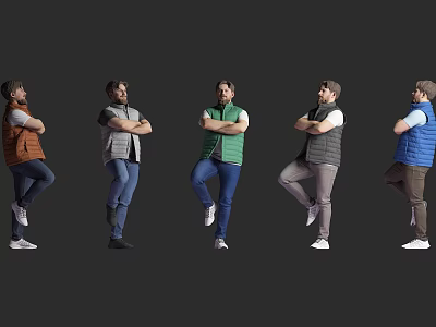 Men in Different Vests Standing with Arms Crossed and One Leg Lifted on Gray Background 3d model