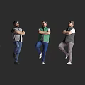 Men in Different Vests Standing with Arms Crossed and One Leg Lifted on Gray Background