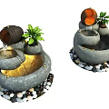 Garden Decor Stone Structure With Flowing Water Potted Plants And Pebble Base 3d model