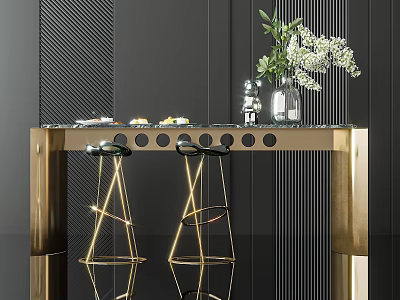 Elegant Gold Frame Bar Counter With Glass Top Black Stools And White Flower Vase 3d model
