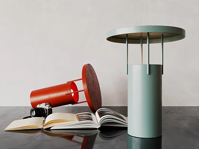 Modern Light Green Lamp With Circular Base And Open Books On Tabletop With Camera 3d model