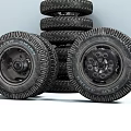 Old Black Treaded Tires Stacked and Two Lying on White Surface 3d model