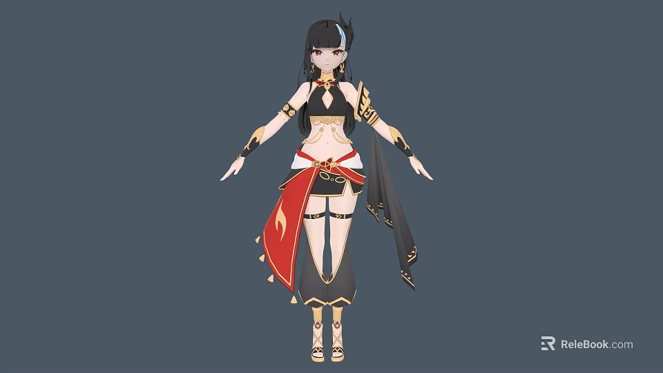 A Woman In Black And Gold Outfit With Long Black Hair And Red Accents 3d model 