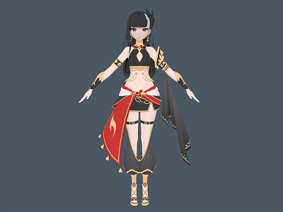 A Woman In Black And Gold Outfit With Long Black Hair And Red Accents 3d model
